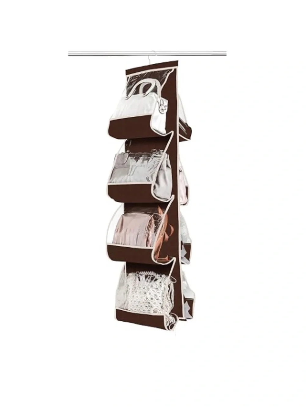 Hanging Purse Organizer in Brown with Clear Front Pockets